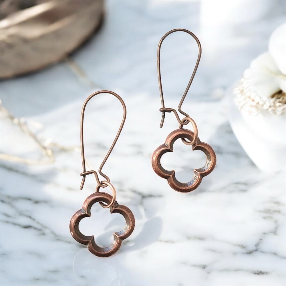 Antique Copper Quatrefoil Drop Earrings Four Leaf Clover Boho Jewelry